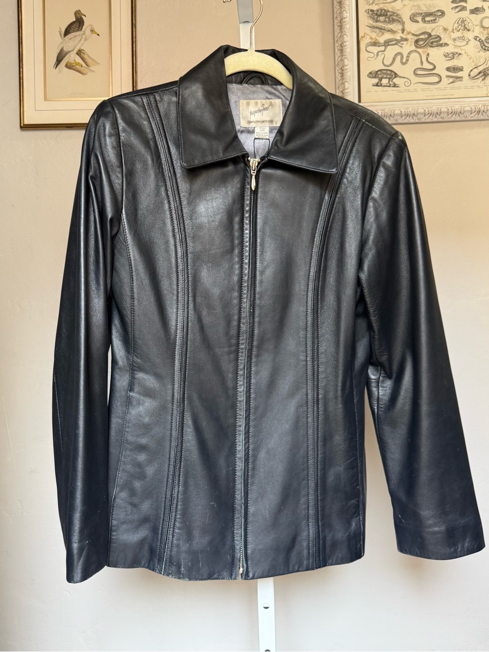 Fitted Black Lambskin Leather Zip-Front Jacket -As Is- Size Small